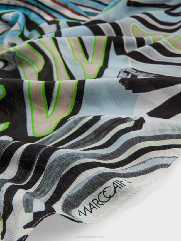 eșarfă cu imprimeu colaj Marc Cain albastru pudra moale accesorii 4826HH1692