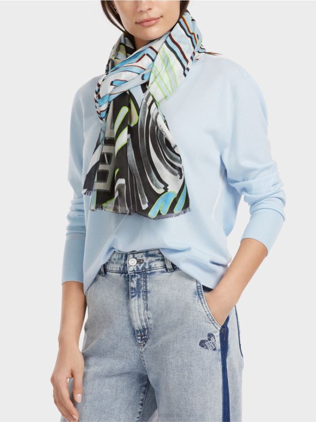 eșarfă cu imprimeu colaj Marc Cain albastru pudra moale accesorii 4826HH1692