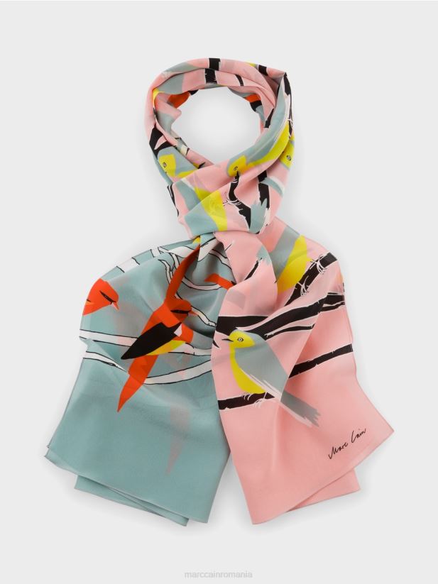 eșarfă de mătase cu design de păsări Marc Cain albastru închis la cer accesorii 4826HH1706