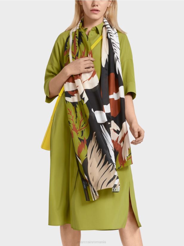 eșarfă de mătase cu imprimeu tropical Marc Cain verde oliv intens accesorii 4826HH1723