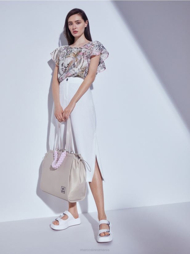 geantă cu mâner croșetat „rethink together”. Marc Cain nisip albit accesorii 4826HH1549