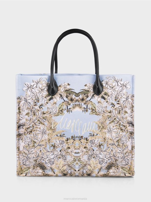 geantă tote cu model floral Marc Cain albastru pudra deschis accesorii 4826HH1533