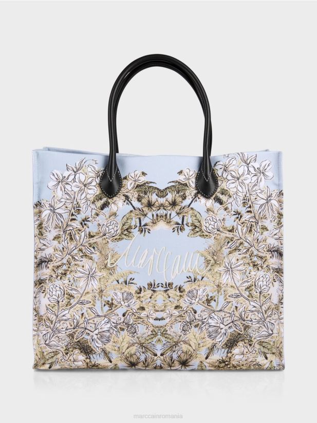 geantă tote cu model floral Marc Cain albastru pudra deschis accesorii 4826HH1533