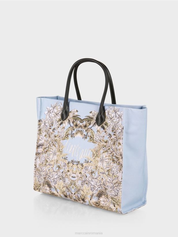 geantă tote cu model floral Marc Cain albastru pudra deschis accesorii 4826HH1533