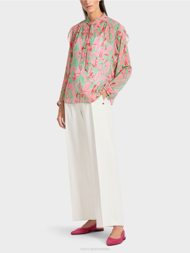 bluză cu volane cu imprimeu floral Marc Cain jad strălucitor îmbrăcăminte 4826HH972