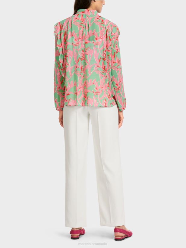bluză cu volane cu imprimeu floral Marc Cain jad strălucitor îmbrăcăminte 4826HH972