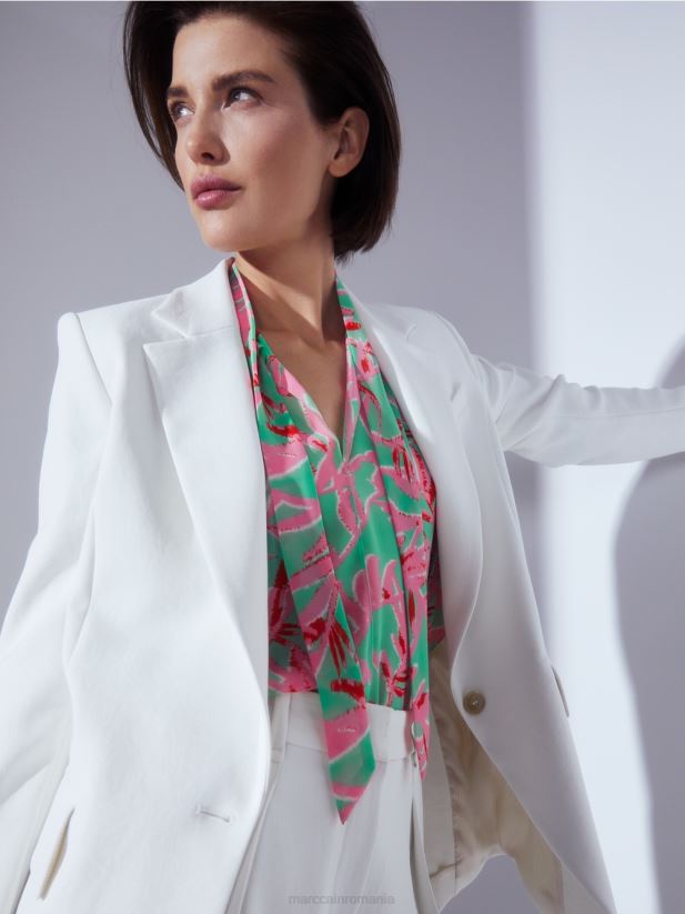 bluză cu volane cu imprimeu floral Marc Cain jad strălucitor îmbrăcăminte 4826HH972