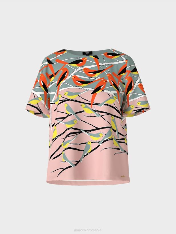 bluză de vară cu design de păsări Marc Cain albastru închis la cer îmbrăcăminte 4826HH886