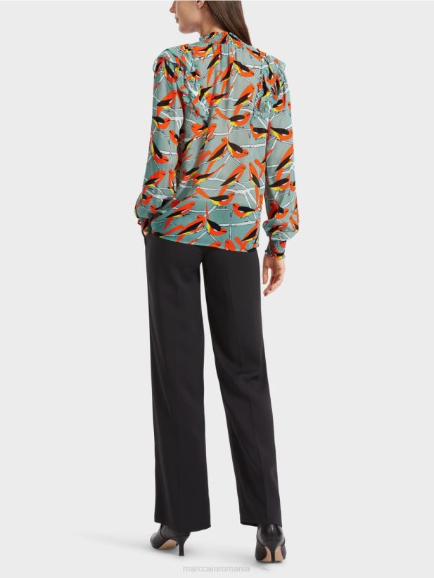 bluză jucăușă cu design de pasăre Marc Cain albastru închis la cer îmbrăcăminte 4826HH879