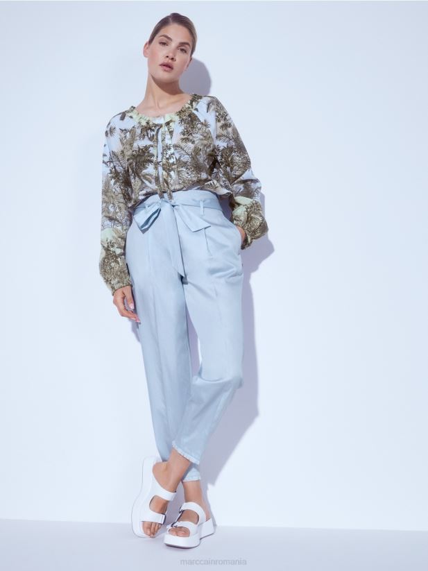 bluză raglan cu motiv palmier Marc Cain albastru pudra deschis îmbrăcăminte 4826HH963