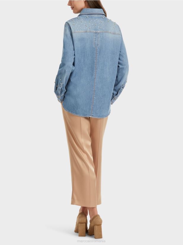 bluza cu broderie cu margele. Marc Cain albastru vintage îmbrăcăminte 4826HH860