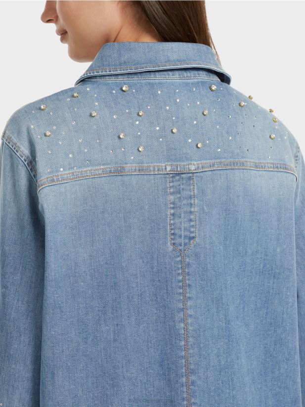 bluza cu broderie cu margele. Marc Cain albastru vintage îmbrăcăminte 4826HH860