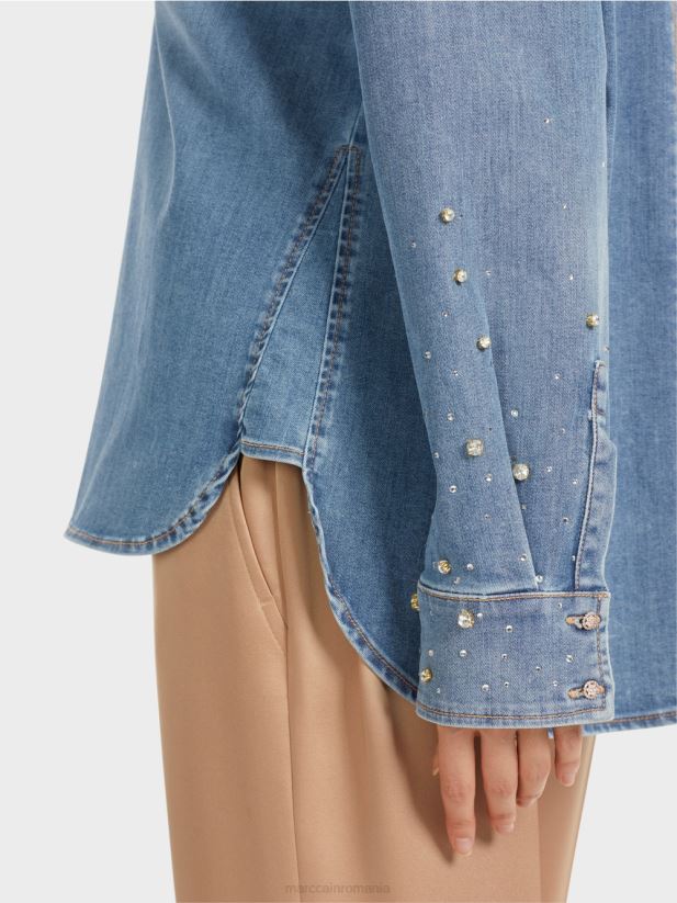 bluza cu broderie cu margele. Marc Cain albastru vintage îmbrăcăminte 4826HH860