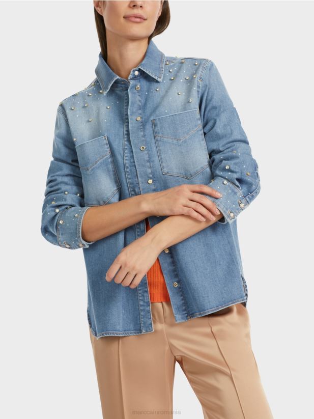 bluza cu broderie cu margele. Marc Cain albastru vintage îmbrăcăminte 4826HH860