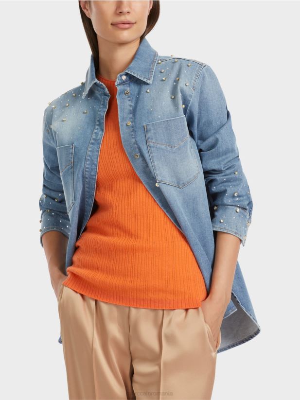 bluza cu broderie cu margele. Marc Cain albastru vintage îmbrăcăminte 4826HH860