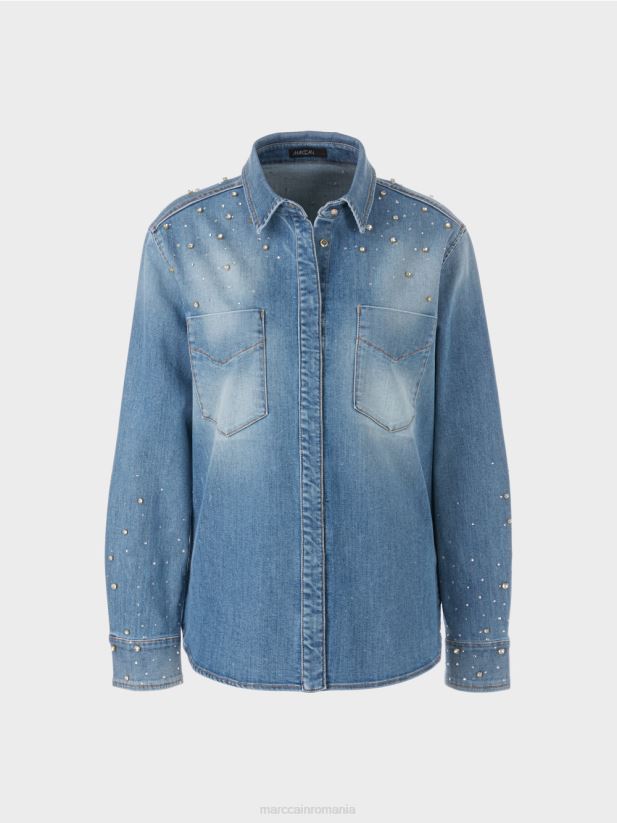 bluza cu broderie cu margele. Marc Cain albastru vintage îmbrăcăminte 4826HH860