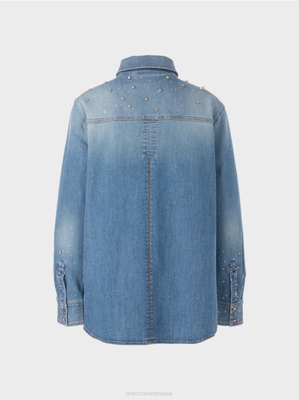 bluza cu broderie cu margele. Marc Cain albastru vintage îmbrăcăminte 4826HH860