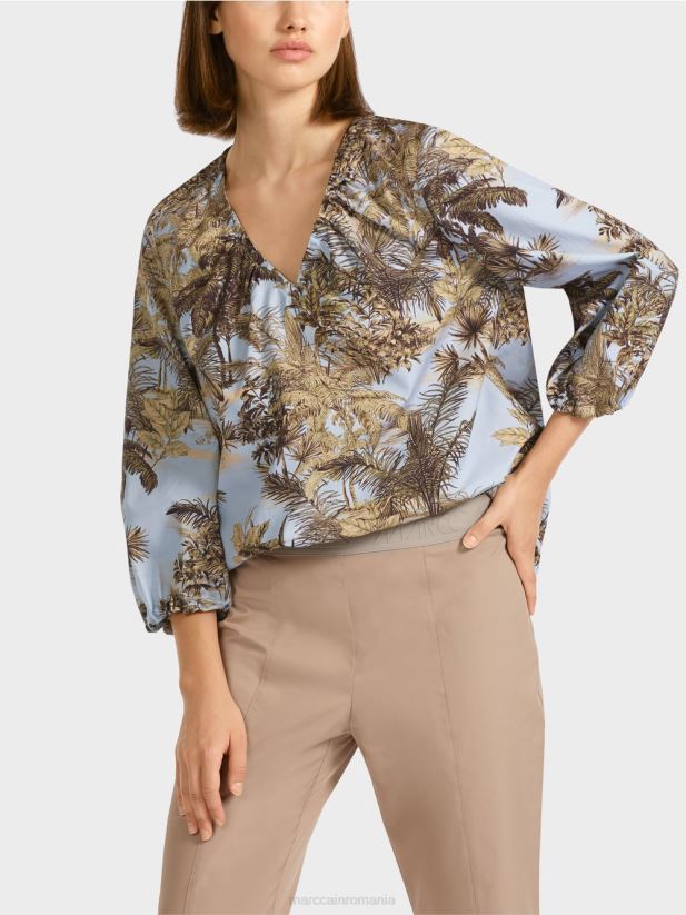top în stil bluză cu motiv palmier Marc Cain albastru pudra deschis îmbrăcăminte 4826HH965