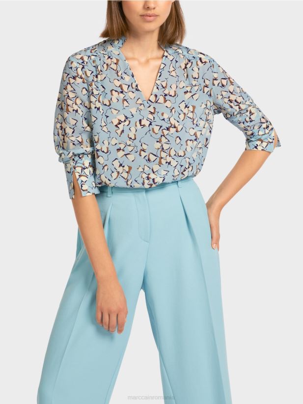 top tip bluză imprimat cu decolteu în V Marc Cain albastru atmosferic îmbrăcăminte 4826HH1018