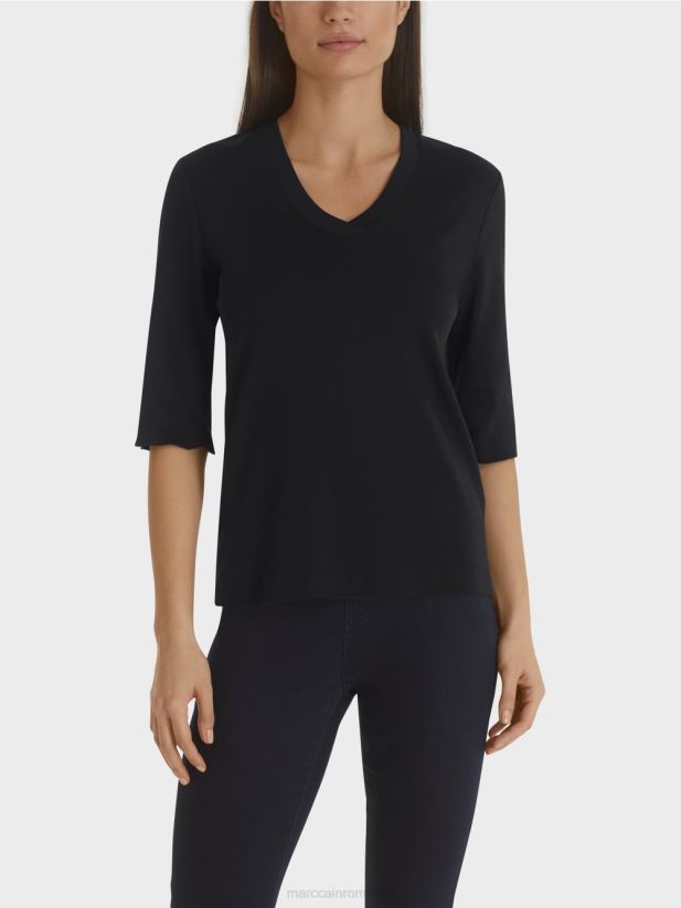 cămașă din jerseu cu nervuri din bumbac Marc Cain albastru miezul nopții îmbrăcăminte 4826HH1460