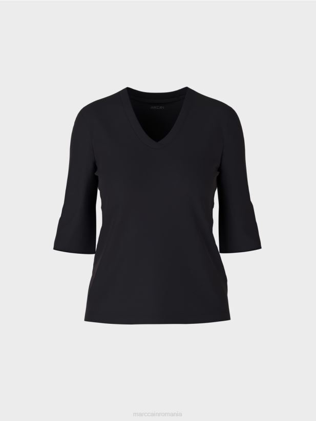 cămașă din jerseu cu nervuri din bumbac Marc Cain albastru miezul nopții îmbrăcăminte 4826HH1460