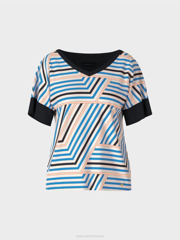 guler ridicat cu decolteu în V Marc Cain azur îmbrăcăminte 4826HH1354