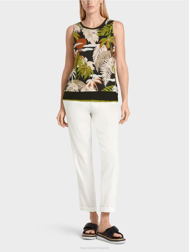 top fără mâneci cu imprimeu tropical Marc Cain verde oliv intens îmbrăcăminte 4826HH1399