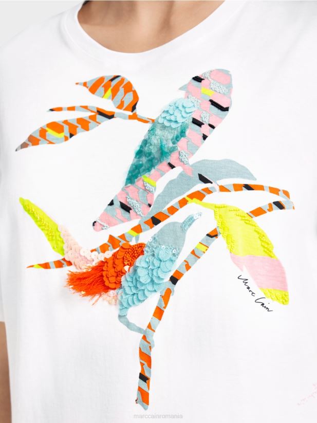 tricou cu aplicație de pasăre colorată Marc Cain alb îmbrăcăminte 4826HH1315