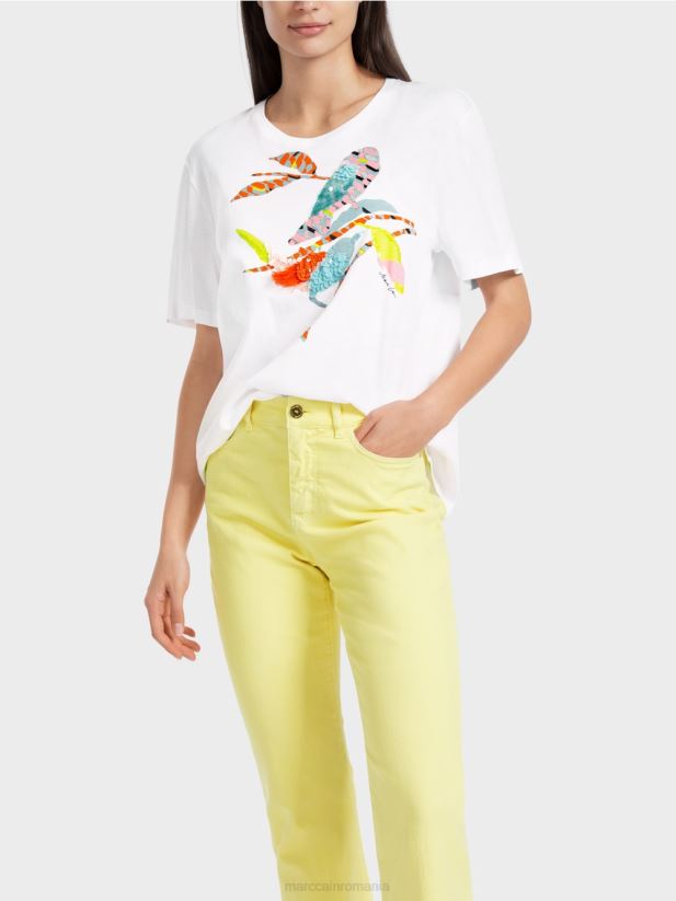 tricou cu aplicație de pasăre colorată Marc Cain alb îmbrăcăminte 4826HH1315