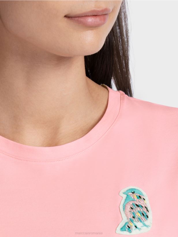 tricou cu aplicare pasăre Marc Cain roz pudra moale îmbrăcăminte 4826HH1326