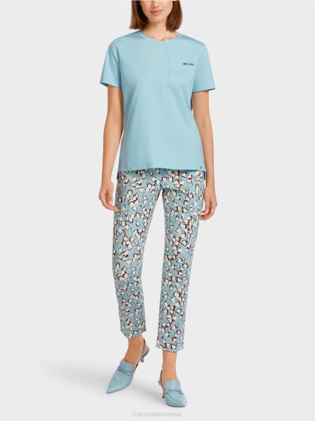tricou cu buzunar impodobit la piept Marc Cain albastru atmosferic îmbrăcăminte 4826HH1450