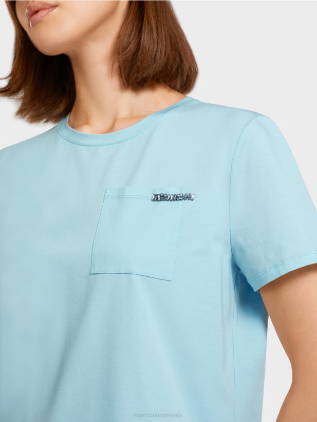 tricou cu buzunar impodobit la piept Marc Cain albastru atmosferic îmbrăcăminte 4826HH1450