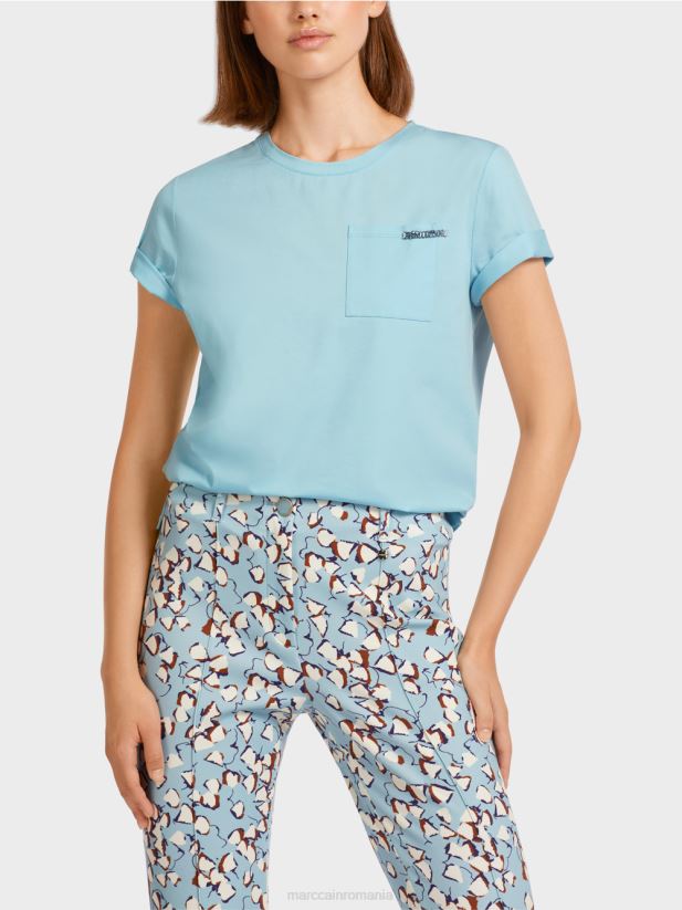 tricou cu buzunar impodobit la piept Marc Cain albastru atmosferic îmbrăcăminte 4826HH1450