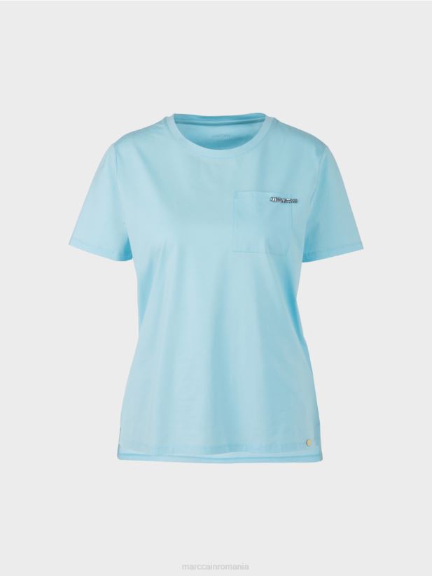 tricou cu buzunar impodobit la piept Marc Cain albastru atmosferic îmbrăcăminte 4826HH1450