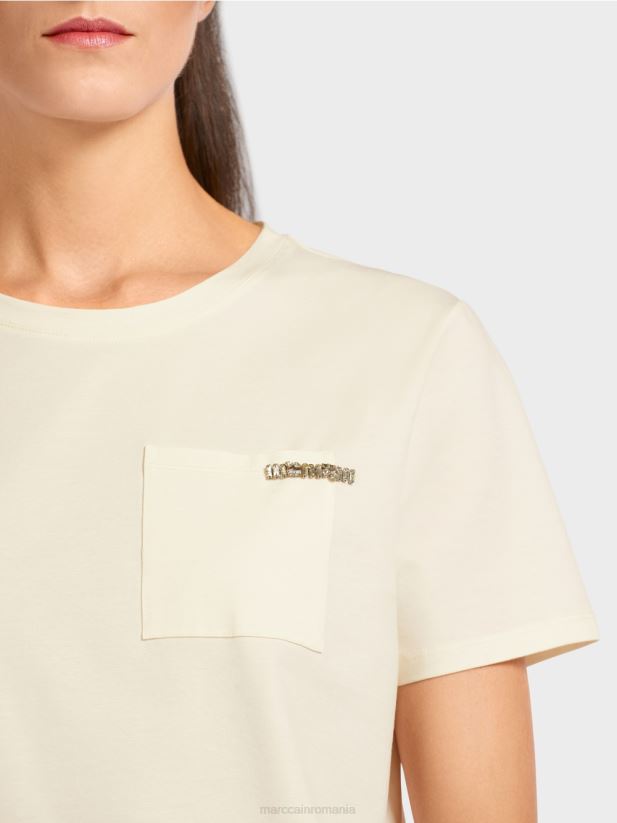 tricou cu buzunar impodobit la piept Marc Cain cremă pudră îmbrăcăminte 4826HH1455