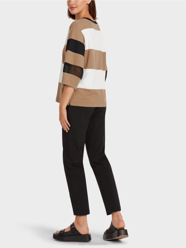 tricou cu dungi cu inserții din plasă Marc Cain cafea ușoară îmbrăcăminte 4826HH1434