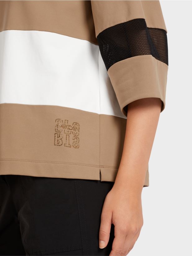 tricou cu dungi cu inserții din plasă Marc Cain cafea ușoară îmbrăcăminte 4826HH1434