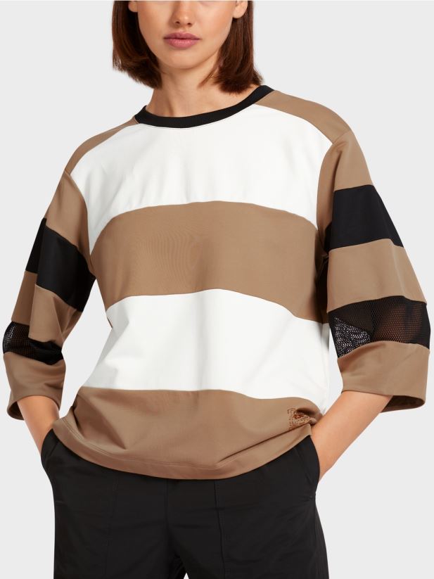 tricou cu dungi cu inserții din plasă Marc Cain cafea ușoară îmbrăcăminte 4826HH1434