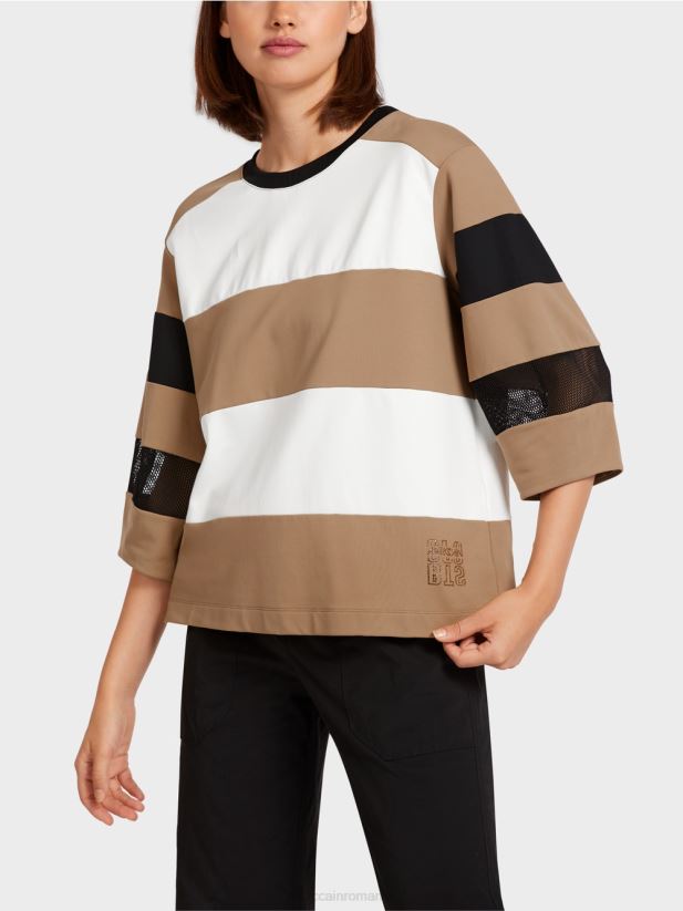 tricou cu dungi cu inserții din plasă Marc Cain cafea ușoară îmbrăcăminte 4826HH1434