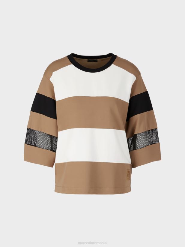 tricou cu dungi cu inserții din plasă Marc Cain cafea ușoară îmbrăcăminte 4826HH1434