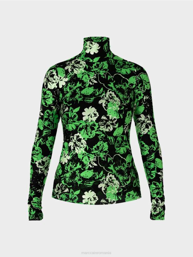 tricou cu gât rulat cu design floral Marc Cain verde măr închis îmbrăcăminte 4826HH1252