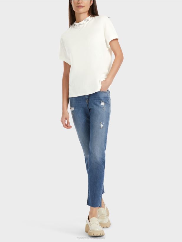 tricou cu guler cu margele Marc Cain aproape alb îmbrăcăminte 4826HH1285