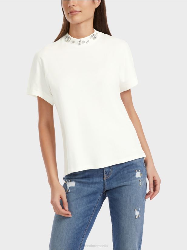 tricou cu guler cu margele Marc Cain aproape alb îmbrăcăminte 4826HH1285