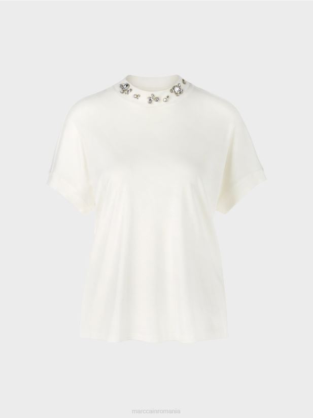 tricou cu guler cu margele Marc Cain aproape alb îmbrăcăminte 4826HH1285