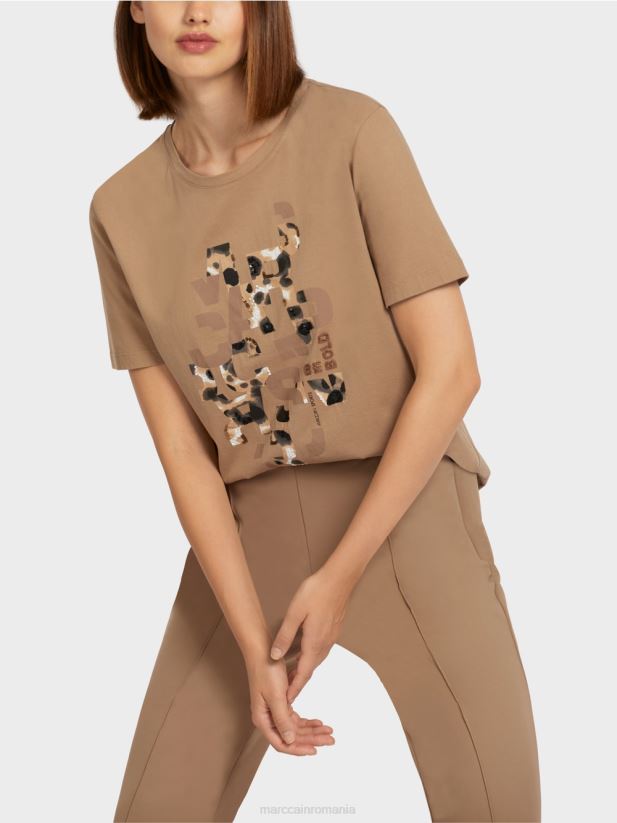 tricou cu imprimeu leopard și litere Marc Cain cafea ușoară îmbrăcăminte 4826HH1433