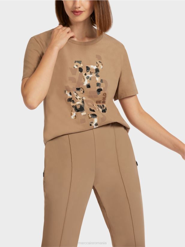 tricou cu imprimeu leopard și litere Marc Cain cafea ușoară îmbrăcăminte 4826HH1433