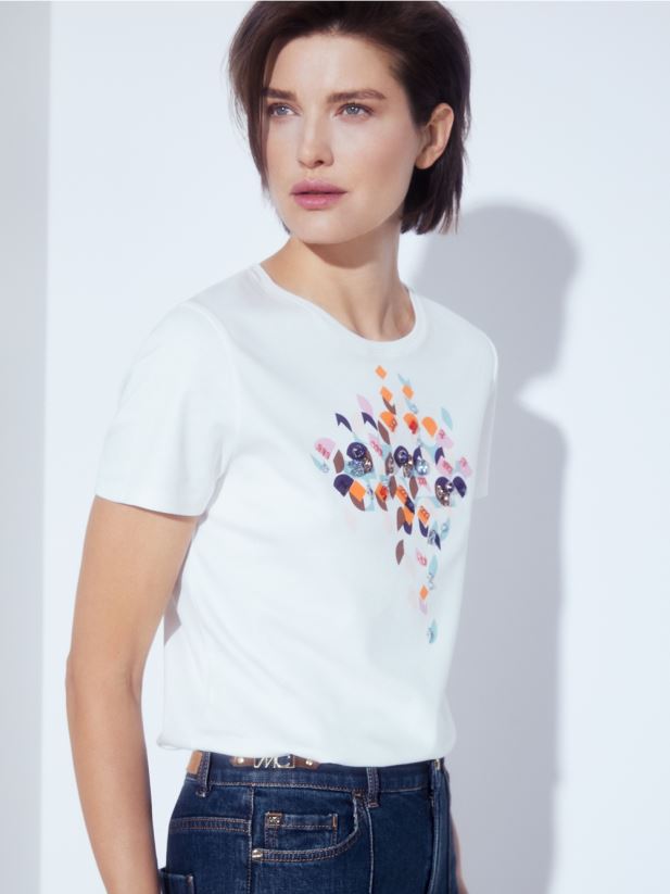 tricou cu margele si design anilor 60 Marc Cain albastru atmosferic îmbrăcăminte 4826HH1454