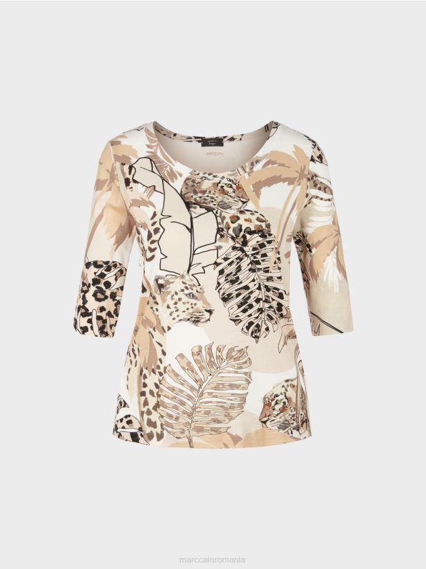 tricou imprimat cu maneci 3/4 Marc Cain nisip adânc îmbrăcăminte 4826HH1392