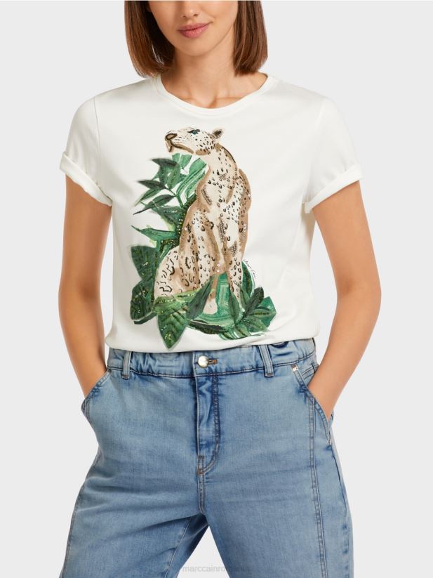 tricou leopard cu detalii strasuri Marc Cain mușchi verde îmbrăcăminte 4826HH1448