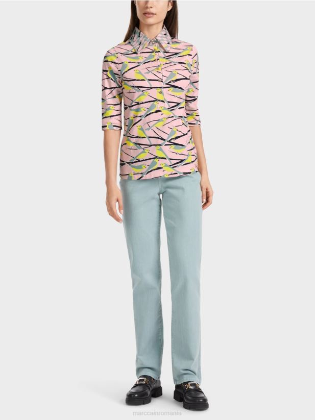 tricou polo cu design de păsări Marc Cain roz pudra moale îmbrăcăminte 4826HH1320